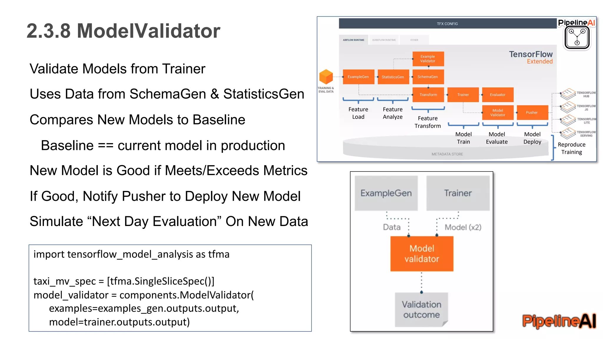 2.3.8 ModelValidator
Feature
Load
Feature
Analyze Feature
Transform
Model
Train
Model
Evaluate
Model
Deploy Reproduce
Training
Validate Models from Trainer
Uses Data from SchemaGen & StatisticsGen
Compares New Models to Baseline
Baseline == current model in production
New Model is Good if Meets/Exceeds Metrics
If Good, Notify Pusher to Deploy New Model
Simulate “Next Day Evaluation” On New Data
import tensorflow_model_analysis as tfma
taxi_mv_spec = [tfma.SingleSliceSpec()]
model_validator = components.ModelValidator(
examples=examples_gen.outputs.output,
model=trainer.outputs.output)
 