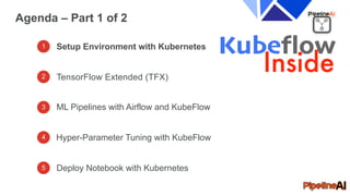 1 Setup Environment with Kubernetes
TensorFlow Extended (TFX)
ML Pipelines with Airflow and KubeFlow
Agenda – Part 1 of 2
Hyper-Parameter Tuning with KubeFlow
Deploy Notebook with Kubernetes
2
3
4
5
 