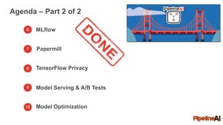 Agenda – Part 2 of 2
6 MLflow
7
8
9
10
TensorFlow Privacy
Model Serving & A/B Tests
Model Optimization
Papermill
 