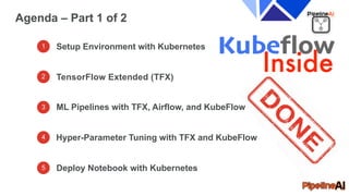 1 Setup Environment with Kubernetes
TensorFlow Extended (TFX)
ML Pipelines with TFX, Airflow, and KubeFlow
Agenda – Part 1 of 2
Hyper-Parameter Tuning with TFX and KubeFlow
Deploy Notebook with Kubernetes
2
3
4
5
 