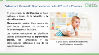 En esta etapa, la planificación se hace
evidente a través de la ideación y la
ejecución motora.
Planeamiento motor: idea acerca de
qué hacer, planear la acción y
finalmente ejecutar la acción.
Las nuevas ejecuciones se planifican
usando el conocimiento de experiencias
previas, las sensaciones y las
consecuencias obtenidas a raíz de su
experimentación.
Subtema 1: Desarrollo Neuroevolutivo de las FEC de 0 a 12 meses.
el gateo es una de las habilidades más
significativas de planeación.
 