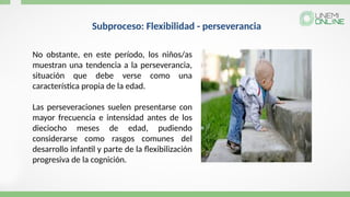 No obstante, en este período, los niños/as
muestran una tendencia a la perseverancia,
situación que debe verse como una
característica propia de la edad.
Las perseveraciones suelen presentarse con
mayor frecuencia e intensidad antes de los
dieciocho meses de edad, pudiendo
considerarse como rasgos comunes del
desarrollo infantil y parte de la flexibilización
progresiva de la cognición.
Subproceso: Flexibilidad - perseverancia
 