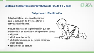 Subtema 2: desarrollo neuroevolutivo de FEC de 1 a 2 años
Subproceso: Planificación
Estas habilidades se están afianzando
para la ejecución de diversos planes y
actividades cotidianas.
Nuevas destrezas en la planificación que son
evidenciadas en actividades de tipo motor como:
• el gateo
• el inicio de la marcha
• el desplazamiento de su cuerpo cargando
otros objetos
• los cambios de postura
 