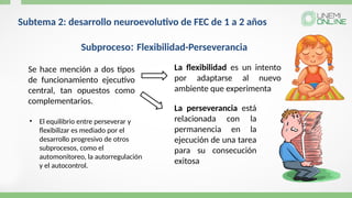 Subtema 2: desarrollo neuroevolutivo de FEC de 1 a 2 años
Subproceso: Flexibilidad-Perseverancia
Se hace mención a dos tipos
de funcionamiento ejecutivo
central, tan opuestos como
complementarios.
La perseverancia está
relacionada con la
permanencia en la
ejecución de una tarea
para su consecución
exitosa
La flexibilidad es un intento
por adaptarse al nuevo
ambiente que experimenta
• El equilibrio entre perseverar y
flexibilizar es mediado por el
desarrollo progresivo de otros
subprocesos, como el
automonitoreo, la autorregulación
y el autocontrol.
 