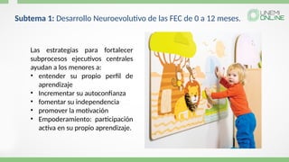 Las estrategias para fortalecer
subprocesos ejecutivos centrales
ayudan a los menores a:
• entender su propio perfil de
aprendizaje
• Incrementar su autoconfianza
• fomentar su independencia
• promover la motivación
• Empoderamiento: participación
activa en su propio aprendizaje.
Subtema 1: Desarrollo Neuroevolutivo de las FEC de 0 a 12 meses.
 