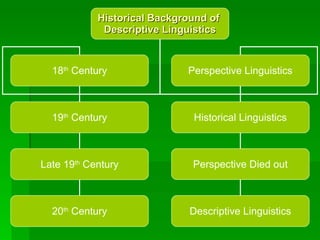 Historical Background of  Descriptive Linguistics 18 th  Century Perspective Linguistics 19 th  Century Historical Linguistics Late 19 th  Century Perspective Died out 20 th  Century Descriptive Linguistics 