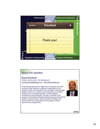 Testing during Selection
Performance Testing

Security
Security Testing
Availability & Continuity
Manageability Testing
Functionality

Te s t M e a s u r e s
Te s t M e a s u r e s

Performance

Availability & Continuity
Testing

Thank you!

Functional Testing
Manageability

Risks

Migration Testing

67

Legislation & Regulations

Suppliers & Outsourcing

Testing caused by
Legislation & Regulations
Testing in Production

About the speaker
Ruud Teunissen
Polteq Test Services, The Netherlands
ruud.teunissen@polteq.com - http://www.polteq.com
In the testing world since 1989, Ruud Teunissen has held
numerous test functions in different organizations and
projects: tester, test specialist, test consultant, test manager,
etcetera. Ruud is co-author of several books on software
testing and is a frequent speaker at (inter)national
conferences and workshops. He was a member of the
program committee for Quality Week Europe and EuroSTAR.
Ruud is currently Senior Test Consultant at Polteq Test
Services BV and responsible for the quality of Polteq
services and assignments.

68

34

 