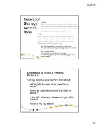 9/5/2013

Innovation
Original:
Strategy _ _ _ _ _ _ _ _ _ _ _ _ _ _ _ _ _ _ _ _ _ _ _ _ _ _ _ _ _ _
______________________________
tweet re- _ _ _ _ _ _ _ _ _ _ _ _ _ _ _ _ _ _ _ _ _ _ _ _ _ _ _ _ _ _
______________________________
____________________
done
Final:
______________________________
______________________________
______________________________
______________________________
____________________
Use the spaces above to succinctly create your
140 character tweet for your strategy around innovation.
See Example below:
Innovation for us is no limits, no penalty
for creativity, all ideas are heard, and we try the best
ones quarterly
© The Insights Group Ltd, 2009. All rights reserved.

Committing to Action & Personal
Reflection:
• As you continue your journey, think about:
•What did I discover about myself as a
leader?
•What do I appreciate about the styles of
others?
•How will I adapt my behaviour to get better
results?
•What is my key action?

© The Insights Group Ltd, 2009. All rights reserved.

20

 