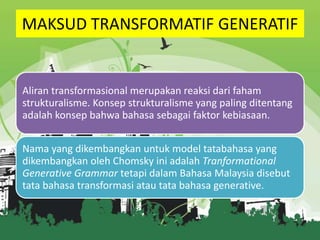MAKSUD TRANSFORMATIF GENERATIF

Aliran transformasional merupakan reaksi dari faham
strukturalisme. Konsep strukturalisme yang paling ditentang
adalah konsep bahwa bahasa sebagai faktor kebiasaan.
Nama yang dikembangkan untuk model tatabahasa yang
dikembangkan oleh Chomsky ini adalah Tranformational
Generative Grammar tetapi dalam Bahasa Malaysia disebut
tata bahasa transformasi atau tata bahasa generative.

 