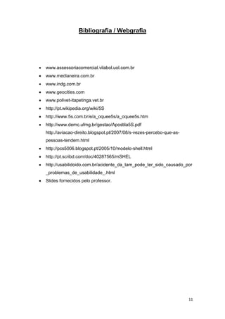 11
Bibliografia / Webgrafia
 www.assessoriacomercial.vilabol.uol.com.br
 www.medianeira.com.br
 www.indg.com.br
 www.geocities.com
 www.polivet-itapetinga.vet.br
 http://pt.wikipedia.org/wiki/5S
 http://www.5s.com.br/e/a_oquee5s/a_oquee5s.htm
 http://www.demc.ufmg.br/gestao/Apostila5S.pdf
http://aviacao-direito.blogspot.pt/2007/08/s-vezes-percebo-que-as-
pessoas-tendem.html
 http://pcs5006.blogspot.pt/2005/10/modelo-shell.html
 http://pt.scribd.com/doc/40287565/mSHEL
 http://usabilidoido.com.br/acidente_da_tam_pode_ter_sido_causado_por
_problemas_de_usabilidade_.html
 Slides fornecidos pelo professor.
 