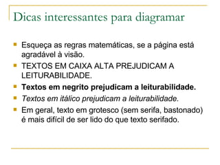 Dicas interessantes para diagramar Esqueça as regras matemáticas, se a página está agradável à visão. TEXTOS EM CAIXA ALTA PREJUDICAM A LEITURABILIDADE. Textos em negrito prejudicam a leiturabilidade. Textos em itálico prejudicam a leiturabilidade. Em geral, texto em grotesco (sem serifa, bastonado) é mais difícil de ser lido do que texto serifado. 