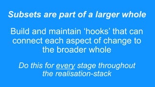 Subsets are part of a larger whole
Build and maintain ‘hooks’ that can
connect each aspect of change to
the broader whole
...