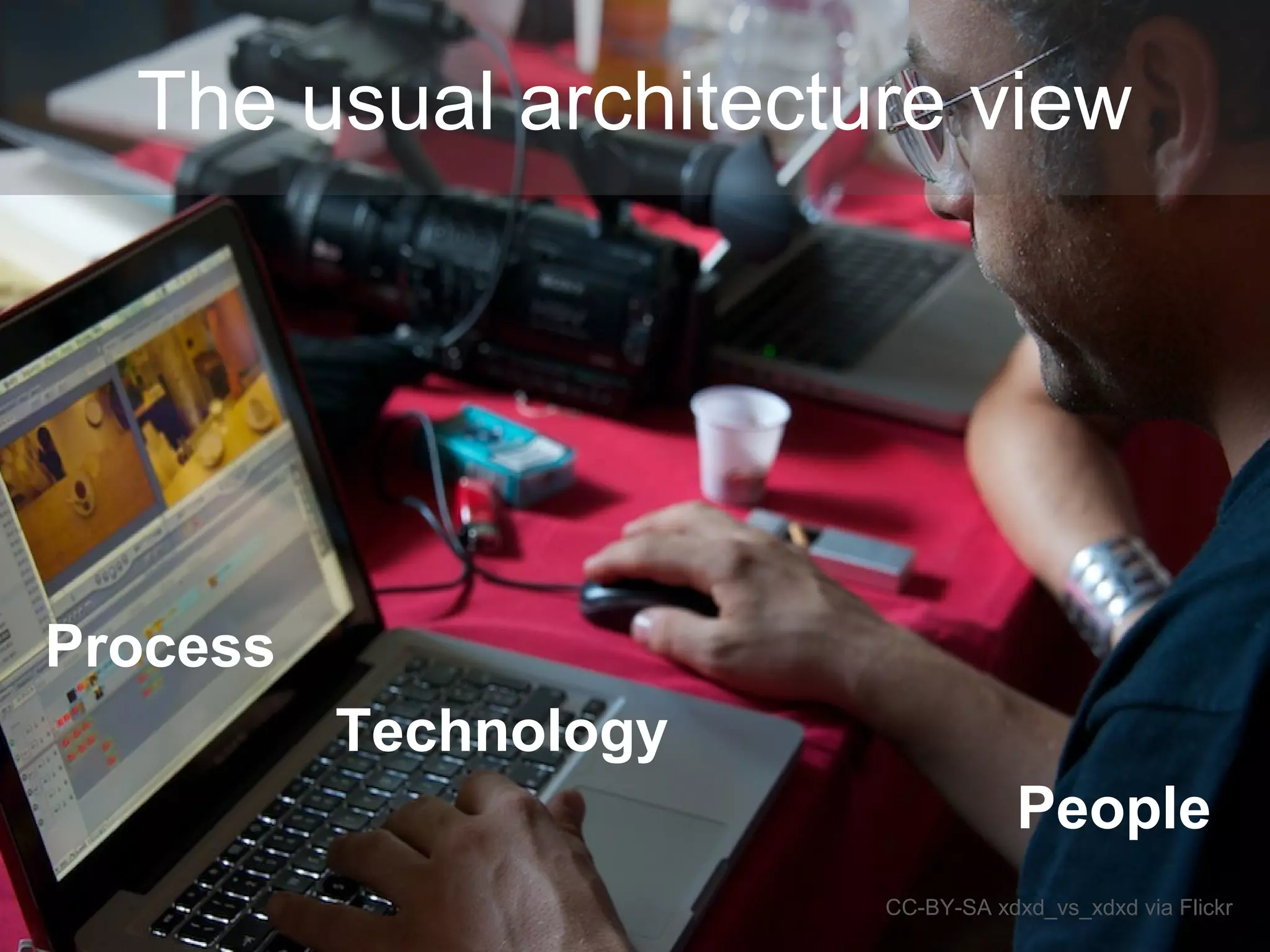 Technology
CC-BY-SA xdxd_vs_xdxd via Flickr
Process
People
The usual architecture view
 