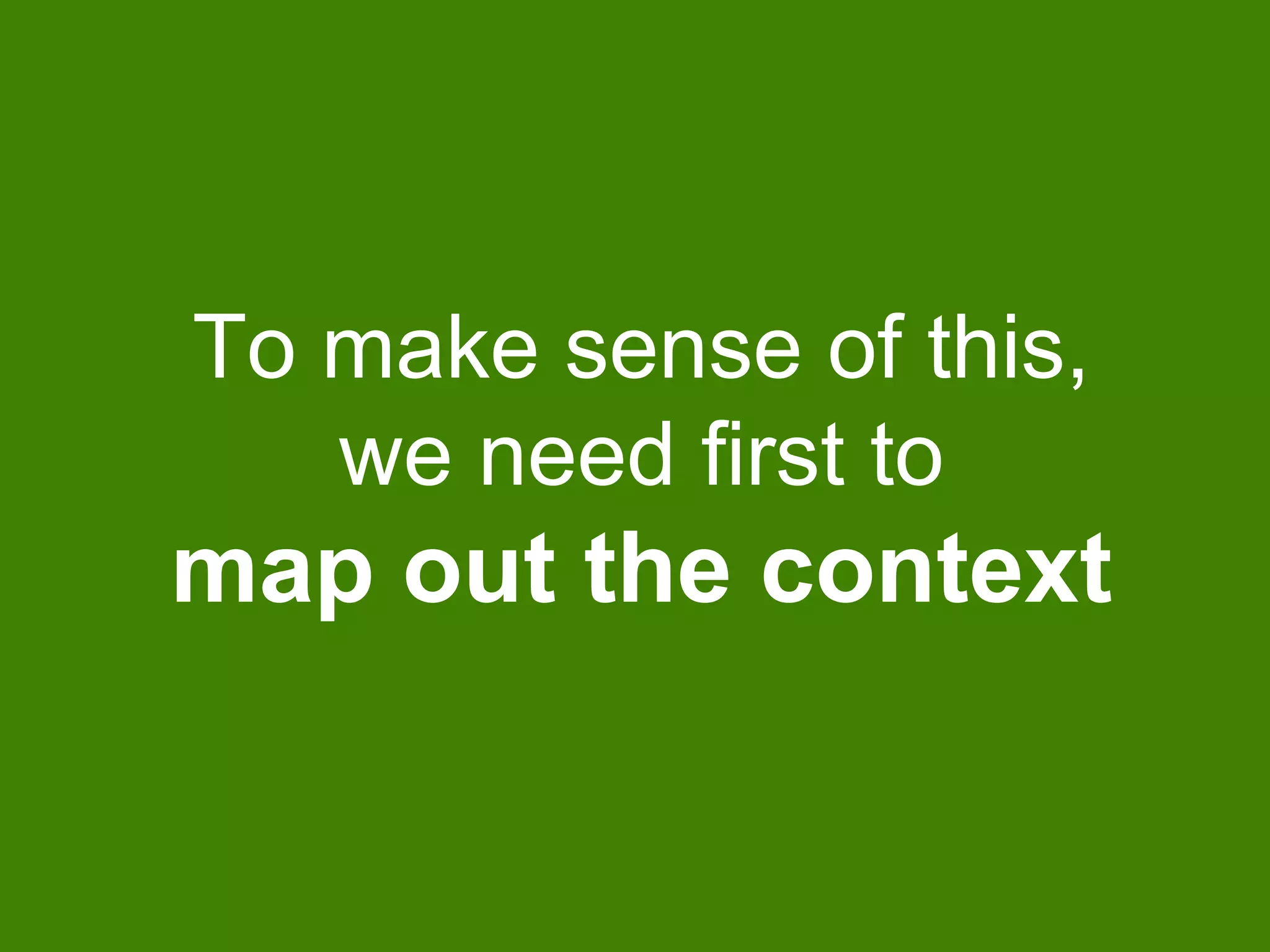To make sense of this,
we need first to
map out the context
 