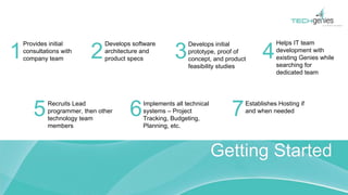 Getting Started
Establishes Hosting if
and when needed
Provides initial
consultations with
company team
Develops software
architecture and
product specs
Develops initial
prototype, proof of
concept, and product
feasibility studies
Helps IT team
development with
existing Genies while
searching for
dedicated team
Recruits Lead
programmer, then other
technology team
members
Implements all technical
systems – Project
Tracking, Budgeting,
Planning, etc.
1 2 3 4
5 6 7
 