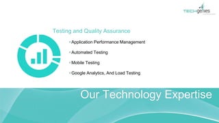 Testing and Quality Assurance
Application Performance Management
Automated Testing
Mobile Testing
Google Analytics, And Load Testing
Our Technology Expertise
 