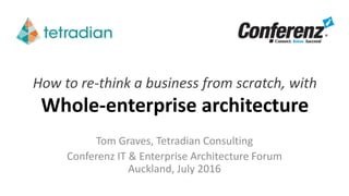 How to re-think a business from scratch, with
Whole-enterprise architecture
Tom Graves, Tetradian Consulting
Conferenz IT & Enterprise Architecture Forum
Auckland, July 2016
 