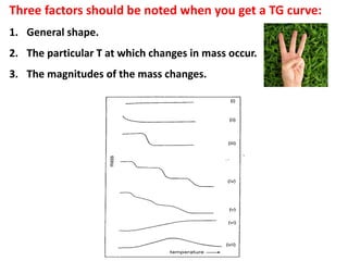 Three factors should be noted when you get a TG curve:
1. General shape.
2. The particular T at which changes in mass occur.
3. The magnitudes of the mass changes.
 