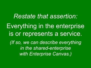 Restate that assertion: 
Everything in the enterprise 
is or represents a service. 
(If so, we can describe everything 
in the shared-enterprise 
with Enterprise Canvas.) 
 