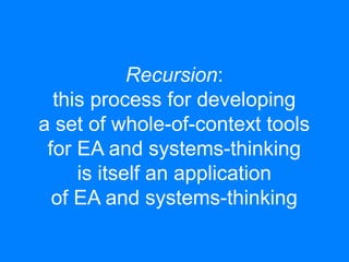 Recursion: 
this process for developing 
a set of whole-of-context tools 
for EA and systems-thinking 
is itself an application 
of EA and systems-thinking 
 