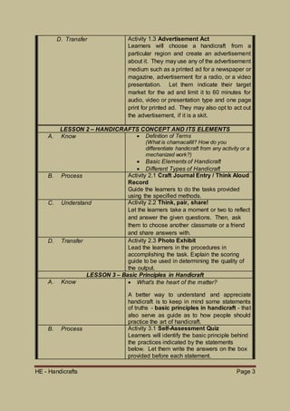 HE - Handicrafts Page 3
D. Transfer Activity 1.3 Advertisement Act
Learners will choose a handicraft from a
particular region and create an advertisement
about it. They may use any of the advertisement
medium such as a printed ad for a newspaper or
magazine, advertisement for a radio, or a video
presentation. Let them indicate their target
market for the ad and limit it to 60 minutes for
audio, video or presentation type and one page
print for printed ad. They may also opt to act out
the advertisement, if it is a skit.
LESSON 2 – HANDICRAFTS CONCEPT AND ITS ELEMENTS
A. Know  Definition of Terms
(What is chamacallit? How do you
differentiate handicraft from any activity or a
mechanized work?)
 Basic Elements of Handicraft
 Different Types of Handicraft
B. Process Activity 2.1 Craft Journal Entry / Think Aloud
Record
Guide the learners to do the tasks provided
using the specified methods.
C. Understand Activity 2.2 Think, pair, share!
Let the learners take a moment or two to reflect
and answer the given questions. Then, ask
them to choose another classmate or a friend
and share answers with.
D. Transfer Activity 2.3 Photo Exhibit
Lead the learners in the procedures in
accomplishing the task. Explain the scoring
guide to be used in determining the quality of
the output.
LESSON 3 – Basic Principles in Handicraft
A. Know  What’s the heart of the matter?
A better way to understand and appreciate
handicraft is to keep in mind some statements
of truths - basic principles in handicraft - that
also serve as guide as to how people should
practice the art of handicraft.
B. Process Activity 3.1 Self-Assessment Quiz
Learners will identify the basic principle behind
the practices indicated by the statements
below. Let them write the answers on the box
provided before each statement.
 