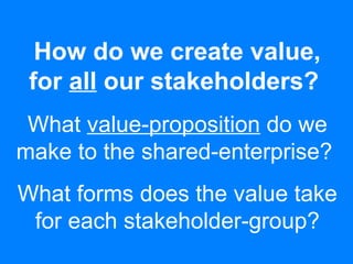 How do we create value,
for all our stakeholders?
What value-proposition do we
make to the shared-enterprise?
What forms does the value take
for each stakeholder-group?
 