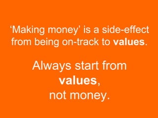 ‘Making money’ is a side-effect
from being on-track to values.
Always start from
values,
not money.
 
