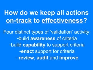How do we keep all actions
on-track to effectiveness?
Four distinct types of ‘validation’ activity:
-build awareness of criteria
-build capability to support criteria
-enact support for criteria
- review, audit and improve
 