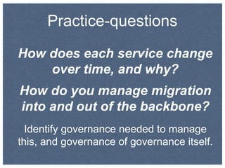 Practice-questions
How does each service change
over time, and why?
How do you manage migration
into and out of the backbo...