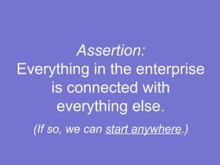 Assertion:
Everything in the enterprise
is connected with
everything else.
(If so, we can start anywhere.)
 