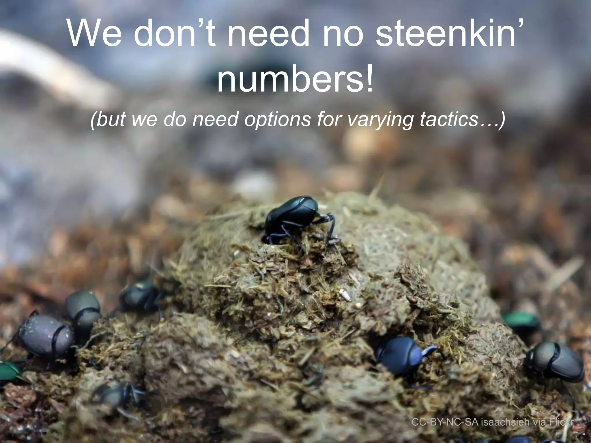 We don‟t need no steenkin‟
numbers!
(but we do need options for varying tactics…)

CC-BY-NC-SA isaachsieh via Flickr

 