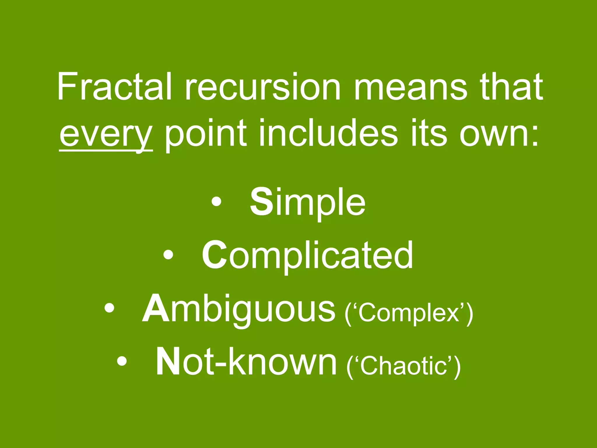 Fractal recursion means that
every point includes its own:
• Simple
• Complicated
• Ambiguous („Complex‟)
• Not-known („Chaotic‟)

 