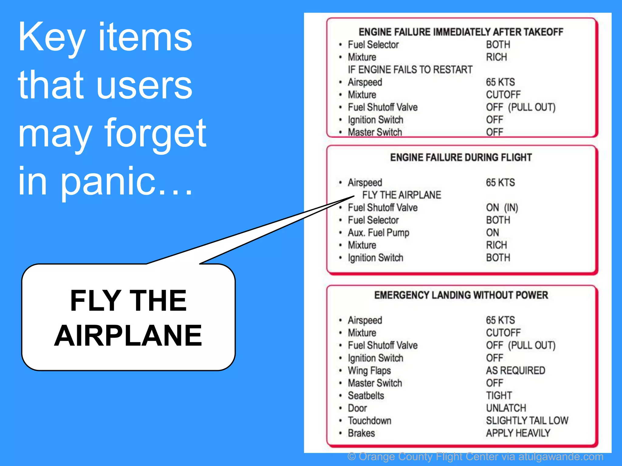 Key items
that users
may forget
in panic…
FLY THE
AIRPLANE

© Orange County Flight Center via atulgawande.com

 
