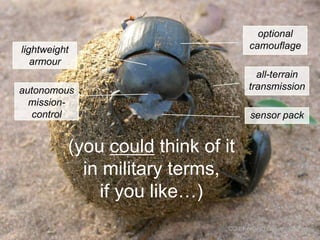 optional
camouflage

lightweight
armour

all-terrain
transmission

autonomous
missioncontrol

sensor pack

(you could think of it
in military terms,
if you like…)
CC-BY-NC-ND cottonm via Flickr

 