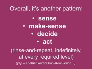 Overall, it‟s another pattern:

• sense
• make-sense
• decide
• act
(rinse-and-repeat, indefinitely,
at every required level)
(yep – another kind of fractal-recursion…)

 