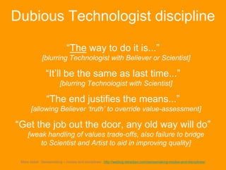 “The way to do it is...”
[blurring Technologist with Believer or Scientist]
“It’ll be the same as last time...”
[blurring ...