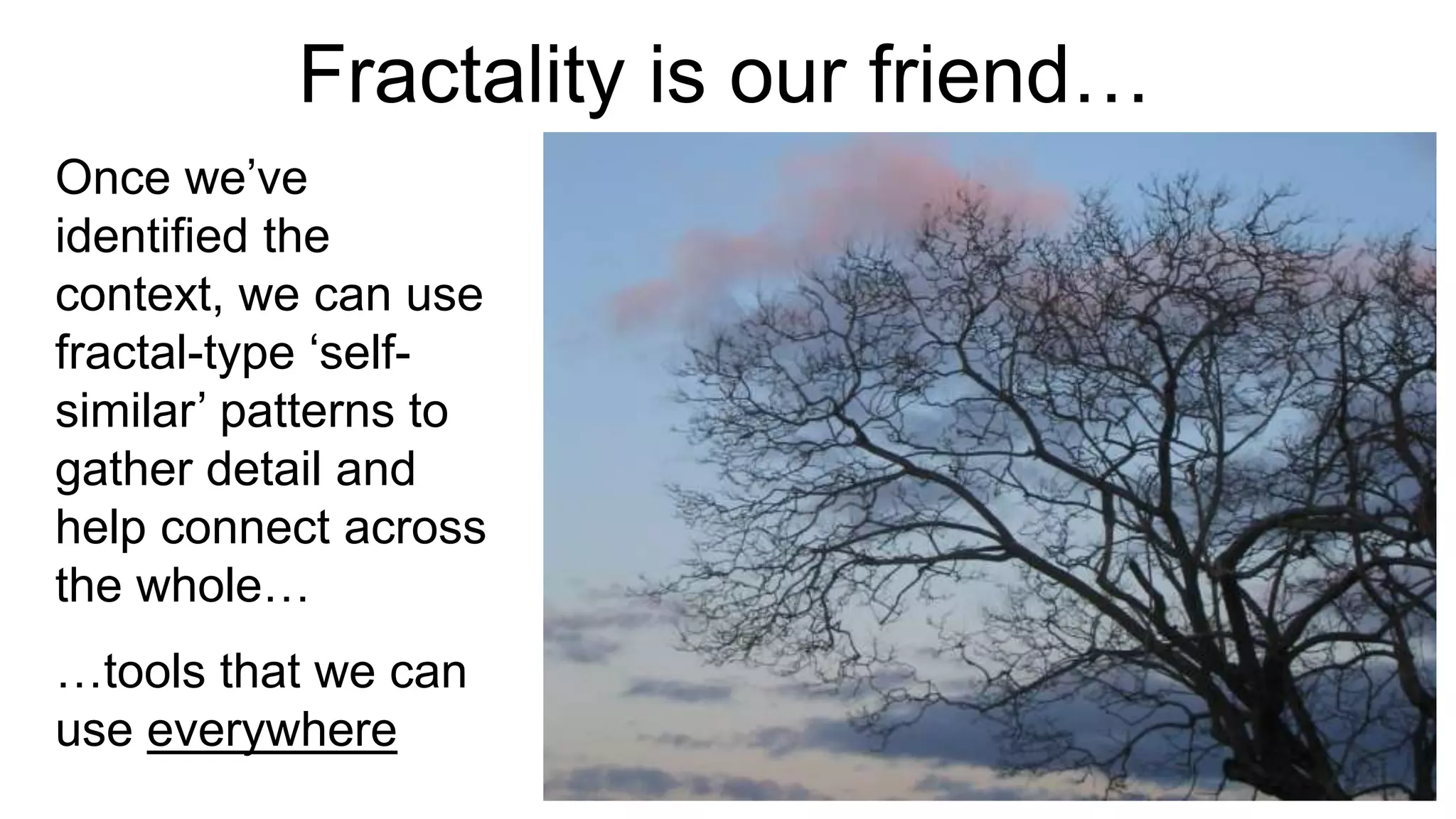 Fractality is our friend…
Once we’ve
identified the
context, we can use
fractal-type ‘self-
similar’ patterns to
gather detail and
help connect across
the whole…
…tools that we can
use everywhere
 