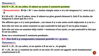 Théorème 3:
Soit G = ( X , A ) un arbre, G admet au moins 2 sommets pendant
§ Démonstration: K={k ∈ N/ ∃ une chaîne simple entre x et y de longueur k } avec (x,y) ∈
X
K ≠ Ø et K ⊂ N car G arbre, donc il admet un plus grand élément L. Soit C la chaîne de
longueur L alors qui lie x et y.
On affirme que x et y sont pendants , car sinon il y a une autre arrêt adjacente à y ou à x :
Soit elle est vers un autre sommet ce qui contredit le fait que C est la plus longue .
Soit elle est vers un sommet déjà visité = existence d'un cycle, ce qui contredit le fait que
G est un arbre.
Donc on a exactement 2 sommets pendants .
R 3 : Une forêt à p composantes connexes possède ( n – p) arcs .
Théorème 4 :
Soit G = ( X , A ) un arbre, si on ajoute à A un arc u , le graphe
G' = ( X , A∪ {u } ) contient un cycle et un seul. Ce cycle est appelé cycle fondamental
relativement à G. 14
 