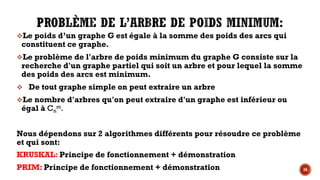 vLe poids d’un graphe G est égale à la somme des poids des arcs qui
constituent ce graphe.
vLe problème de l'arbre de poids minimum du graphe G consiste sur la
recherche d'un graphe partiel qui soit un arbre et pour lequel la somme
des poids des arcs est minimum.
v De tout graphe simple on peut extraire un arbre
vLe nombre d'arbres qu'on peut extraire d'un graphe est inférieur ou
égal à Cn
m.
Nous dépendons sur 2 algorithmes différents pour résoudre ce problème
et qui sont:
KRUSKAL: Principe de fonctionnement + démonstration
PRIM: Principe de fonctionnement + démonstration 16
 