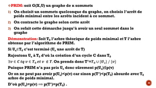 18
vPRIM: soit G(X,U) un graphe de n sommets
1) On choisit un sommets quelconque du graphe, on choisis l’arrêt de
poids minimal entre les arrêts incident à ce sommet.
2) On contracte le graphe selon cette arrêt
3) On refait cette démarche jusqu’à avoir un seul sommet dans le
graphe
Démonstration: Soit T0 l’arbre théorique de poids minimal et T l’arbre
obtenue par l’algorithme de PRIM.
Si Ux∈T0 c’est terminé (Ux une arrêt de T)
Rajoutons Ux à T0 d’où la création d’un cycle C dans T0
∃X ∈ † P‡ X ∈ …R NP X ∉ …. On prends donc T’=…R ∪ {-$} ∕ {X}
Puisque PRIM n’a pas pris Ux donc sûrement p(Ux)≤p(v)
Or on ne peut pas avoir p(Ux)<p(v) car sinon p(T’)<p(T0) absurde avec T0
arbre de poids minimal.
D’où p(Ux)=p(v) ⟹ p(T’)=p(T0) .
 