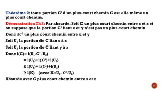 Théorème 2: toute portion C’ d'un plus court chemin C est elle même un
plus court chemin.
Démonstration Th2: Par absurde. Soit C un plus court chemin entre s et z et
on suppose que la portion C’ liant x et y n’est pas un plus court chemin
Donc ∃†/ un plus court chemin entre x et y
Soit U1 la portion de C lian s à x
Soit U2 la portion de C liant y à z
Donc l(C)= l(U1-C’-U2)
= l(U1)+l(C’)+l(U2)
≥ l(U1)+ l(†/)+l(U2)
≥ l(K) (avec K=U1- †/-U2)
Absurde avec C plus court chemin entre s et z
21
 