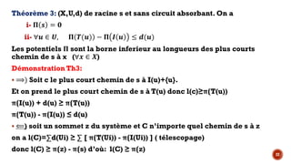 22
Théorème 3: (X,U,d) de racine s et sans circuit absorbant. On a
i- Œ K = R
ii- ∀L ∈ -, Œ …(L) − Œ • L ≤ )(L)
Les potentiels Œ sont la borne inferieur au longueurs des plus courts
chemin de s à x (∀$ ∈ .)
Démonstration Th3:
§ ⟹) Soit c le plus court chemin de s à I(u)+{u}.
Et on prend le plus court chemin de s à T(u) donc l(c)≥π(T(u))
π(I(u)) + d(u) ≥ π(T(u))
π(T(u)) - π(I(u)) ≤ d(u)
§ ⟸) soit un sommet z du système et C n’importe quel chemin de s à z
on a l(C)=∑d(Ui) ≥ ∑ [ π(T(Ui)) - π(I(Ui)) ] ( télescopage)
donc l(C) ≥ π(z) - π(s) d’où: l(C) ≥ π(z)
 