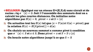 25
vBELLMAN: Appliqué sur un réseau G=(X,U,d) sans circuit et de
racine s tq "
−
K = ∅. Soit ‘ l’ensemble des sommets dont on a
calculé les plus courtes distances. On initialise notre
algorithme par • ’ = R, 46XSP = K et ‘ = K
1) On actualise tout les • $ tel que ($ = … L NP • L = 46XSP) par
la relation • $ = • • 46XSP + )(L)
2) On choisis un nouveau sommet x comme pivot à condition
que "
−
$ ⊂ ‘ et $ ∉ ‘. Donc 46XSP = $ et ‘ = ‘ ∪ {$}
3) On boucle notre algorithme jusqu’à ce que ‘ = .
 