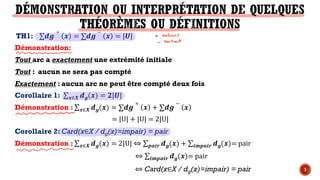 TH1: ∑)*
+
$ = ∑)*
−
$ = |-|
Démonstration:
Tout arc a exactement une extrémité initiale
Tout : aucun ne sera pas compté
Exactement : aucun arc ne peut être compté deux fois
Corollaire 1: ∑$∈. )*($) = /|-|
Démonstration : ∑$∈. )*($) = ∑)*
+
$ + ∑)*
−
$
= |U| + |U| = 2|U|
Corollaire 2: Card(x∈X / dg(x)=impair) = pair
Démonstration : ∑$∈. )*($) = 2|U| ⇔ ∑4567 )*($) + ∑684567 )*($)= pair
⇔ ∑684567 )*($)= pair
⇔ Card(x∈X / dg(x)=impair) = pair 3
 