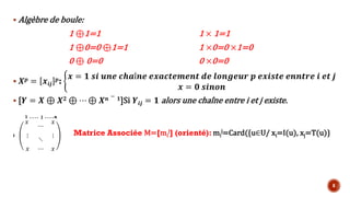 § Algèbre de boule:
1 ⊕1=1 1 × 1=1
1 ⊕0=0 ⊕1=1 1 ×0=0 ×1=0
0 ⊕ 0=0 0 ×0=0
§ .4 = $6Q
4: I
$ = J K6 LMN Wg5îMN N$5WPN8NMP )N USM*NL7 4 N$6KPN NMMP7N 6 NP Q
$ = R K6MSM
§ [j = . ⊕ ./ ⊕ ⋯ ⊕ .M − J]Si j6Q = J alors une chaîne entre i et j existe.
E
⋯
E
⋮
⋱
⋮
E ⋯ E
Matrice Associée M=[mi
j] (orienté): mi
j=Card({u∈U/ xi=I(u), xj=T(u)}
1 . . . . j . . . . n
i
8
 