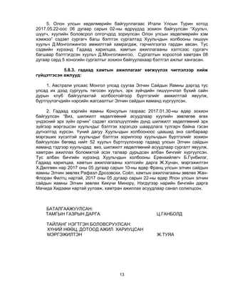 13
5. Олон улсын хөдөлмөрийн байгууллагаас Итали Улсын Турин хотод
2017.05.22-оос 06 дугаар сарын 02-ны өдрүүдэд зохион байгуулсан “Хуульч,
шүүгч, хуулийн боловсрол олгогчдод зориулсан Олон улсын хөдөлмөрийн хэм
хэмжээ” сэдэвт сургагч багш бэлтгэх сургалтад Хуульчдын холбооны гишүүн
хуульч Д.Монголжингоо амжилттай хамрагдаж, гэрчилгээгээ гардан авсан. Тус
сэдвийн хүрээнд Гадаад харилцаа, хамтын ажиллагааны хэлтсээс сургагч
багшаар бэлтгэгдсэн хуульч Д.Монголжингоо, Сургалтын хороотой хамтран 08
дугаар сард 5 хоногийн сургалтыг зохион байгуулахаар бэлтгэл ажлыг хангасан.
5.8.3. гадаад хамтын ажиллагааг хөгжүүлэх чиглэлээр хийж
гүйцэтгэсэн ажлууд:
1. Австрали улсаас Монгол улсад суугаа Элчин Сайдын Яамны дэргэд тус
улсад их дээд сургууль төгссөн хуульч, эрх зүйчдийн гишүүнчлэл бүхий сайн
дурын клуб байгуулахтай холбоотойгоор бүртгэлийг амжилттай явуулж,
бүртгүүлэгчдийн нэрсийн жагсаалтыг Элчин сайдын яаманд хүргүүлсэн.
2. Гадаад хэргийн яамны Консулын газраас 2017.01.30-ны өдөр зохион
байгуулсан “Виз, шилжилт хөдөлгөөний асуудлаар хуулийн зөвлөгөө өгөх
үндэсний эрх зүйн орчин” сэдэвт хэлэлцүүлгийн дүнд шилжилт хөдөлгөөний эрх
зүйгээр мэргэшсэн хуульчдыг бэлтгэх хэрэгцээ шаардлага тулгарч байна гэсэн
дүгнэлтэд хүрсэн. Үүний дагуу Хуульчдын холбооноос цаашид энэ салбараар
мэргэших хүсэлтэй хуульчдыг бэлтгэх зорилгоор хуульчдын бүртгэлийг зохион
байгуулсан бөгөөд нийт 52 хуульч бүртгүүлснээр гадаад улсын Элчин сайдын
яаманд тэдгээр хуульчдад виз, шилжилт хөдөлгөөний асуудлаар сургалт явуулж,
хамтран ажиллах боломжтой эсэх талаар дурьдсан албан бичгийг хүргүүлсэн.
Тус албан бичгийн хүрээнд Хуульчдын холбооны Ерөнхийлөгч Б.Гүнбилэг,
Гадаад харилцаа, хамтын ажиллагааны хэлтсийн дарга Ж.Хунан, мэргэжилтэн
Х.Дөлгөөн нар 2017 оны 05 дугаар сарын 10-ны өдөр Франц улсын элчин сайдын
яамны Элчин зөвлөх Рафаэл Дрозэвски, Соѐл, хамтын ажиллагааны зөвлөх Жан-
Флоран Филтц нартай, 2017 оны 05 дугаар сарын 22-ны өдөр Япон улсын элчин
сайдын яамны Элчин зөвлөх Кикүчи Минорү, Нэгдүгээр нарийн бичгийн дарга
Мачида Хидэаки нартай уулзаж, хамтран ажиллах асуудлаар санал солилцсон.
БАТАЛГААЖУУЛСАН:
ТАМГЫН ГАЗРЫН ДАРГА Ц.ГАНБОЛД
ТАЙЛАНГ НЭГТГЭН БОЛОВСРУУЛСАН:
ХҮНИЙ НӨӨЦ, ДОТООД АЖИЛ ХАРИУЦСАН
МЭРГЭЖИЛТЭН Ж.ТУЯА
 