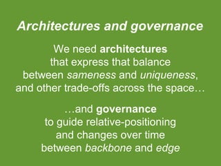 Architectures and governance
We need architectures
that express that balance
between sameness and uniqueness,
and other trade-offs across the space…
…and governance
to guide relative-positioning
and changes over time
between backbone and edge

 