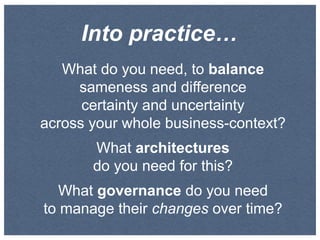 Into practice…
What do you need, to balance
sameness and difference
certainty and uncertainty
across your whole business-context?
What architectures
do you need for this?
What governance do you need
to manage their changes over time?

 