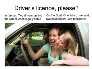 Driver’s licence, please?
In the car: Two drivers behind
the wheel, each legally liable

On the flight: One ticket, one seat,
two passengers, two passports

 