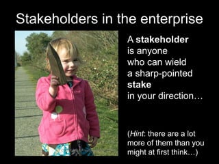 Stakeholders in the enterprise
A stakeholder
is anyone
who can wield
a sharp-pointed
stake
in your direction…

CC-BY-NC-SA evilpeacock via Flickr

(Hint: there are a lot
more of them than you
might at first think…)

 